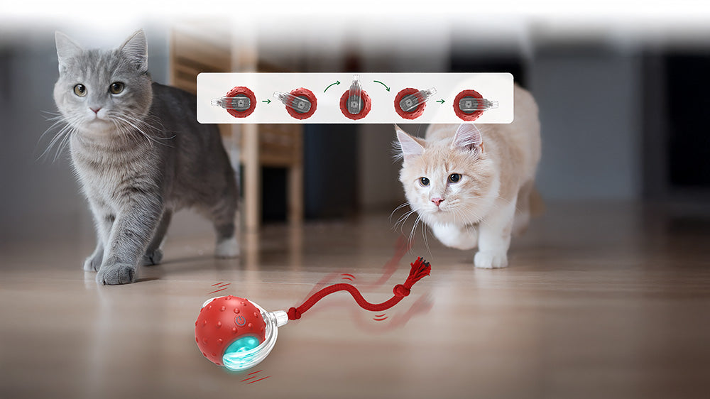A red, interactive cat ball with a string, designed to flip and spin, entertaining cats with its unpredictable movements.