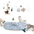 Load image into Gallery viewer, : Several playful cats interact with a rotating automatic cat toy on a colorful cat play mat, featuring a feather teaser and a scratching post.