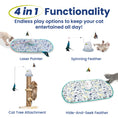 Load image into Gallery viewer, A colorful cat play mat with various toys: laser pointer, spinning feather, cat tree attachment, and hide-and-seek feather for endless fun.