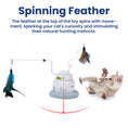 Load image into Gallery viewer, PawsPik Interactive cat toy with a spinning feather that stimulates play and hunting instincts, alongside an amused cat engaging with it.