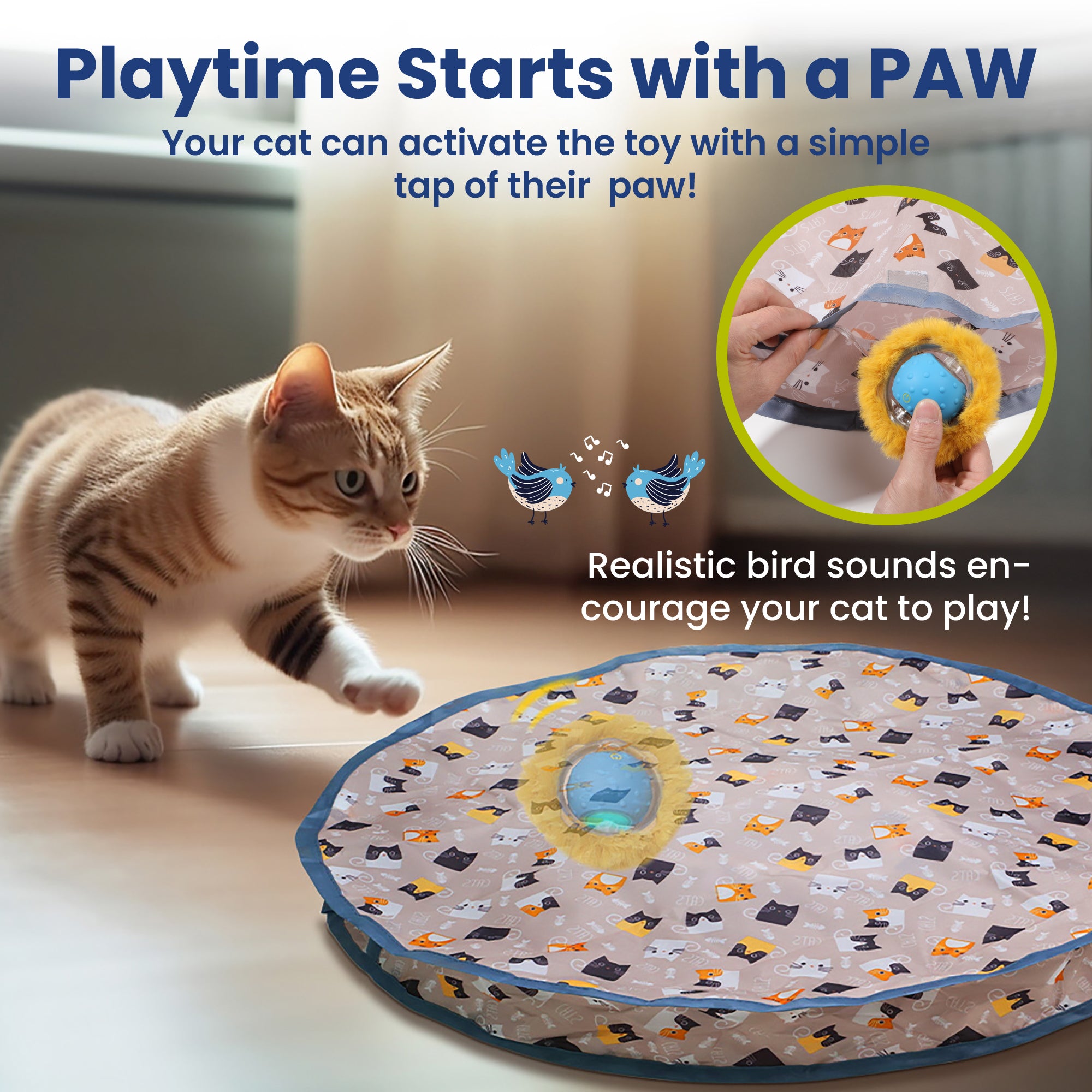 A curious orange tabby cat plays near a colorful automatic cat toy that makes bird sounds when tapped with a paw.