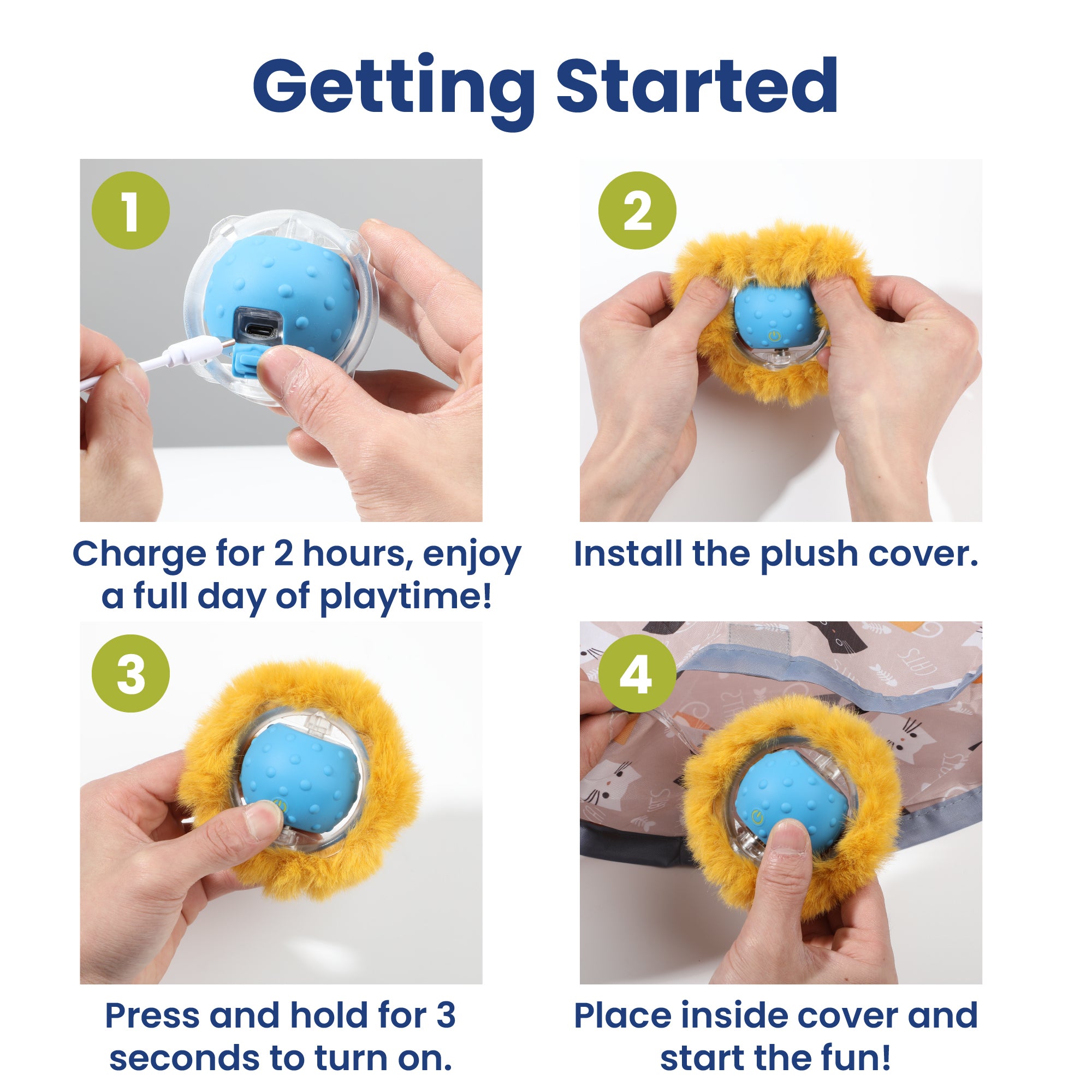 Step-by-step guide for charging, installing a plush cover, and starting playtime with a cat toy.