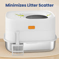 Load image into Gallery viewer, A modern top entry litter box designed to minimize litter scatter, featuring a push button and included scooper for easy cleaning.