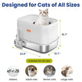 Load image into Gallery viewer, A white kitty litter box designed for cats of all sizes, featuring a cat sitting inside and icons for kittens, adults, seniors, and large cats.