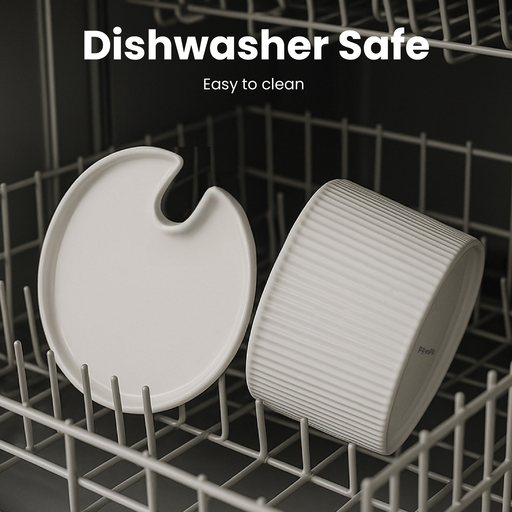 Two white attachments of PawsPik Ceramic Cat Fountain in a dishwasher, showcasing their dishwasher-safe quality and easy-to-clean design.