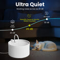 Load image into Gallery viewer, Image of a PawsPik Ceramic Cat Water Fountain labeled "Ultra Quiet," with noise level indicators and a sleeping cat nearby.