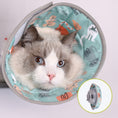 Load image into Gallery viewer, A close-up of a cat nestled inside a cozy, patterned soft cone for cats featuring playful illustrations of animals and foliage.