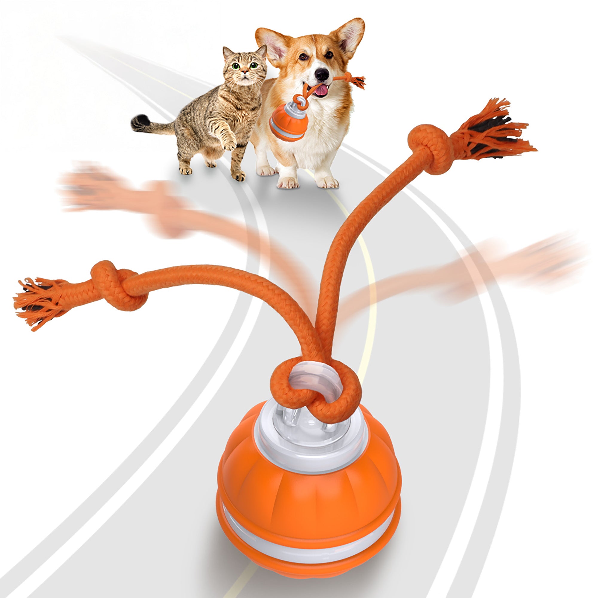PawsPik Orange Rope Runner Interactive Squeaky Rechargeable Dog Ball & Rope Toy, Small