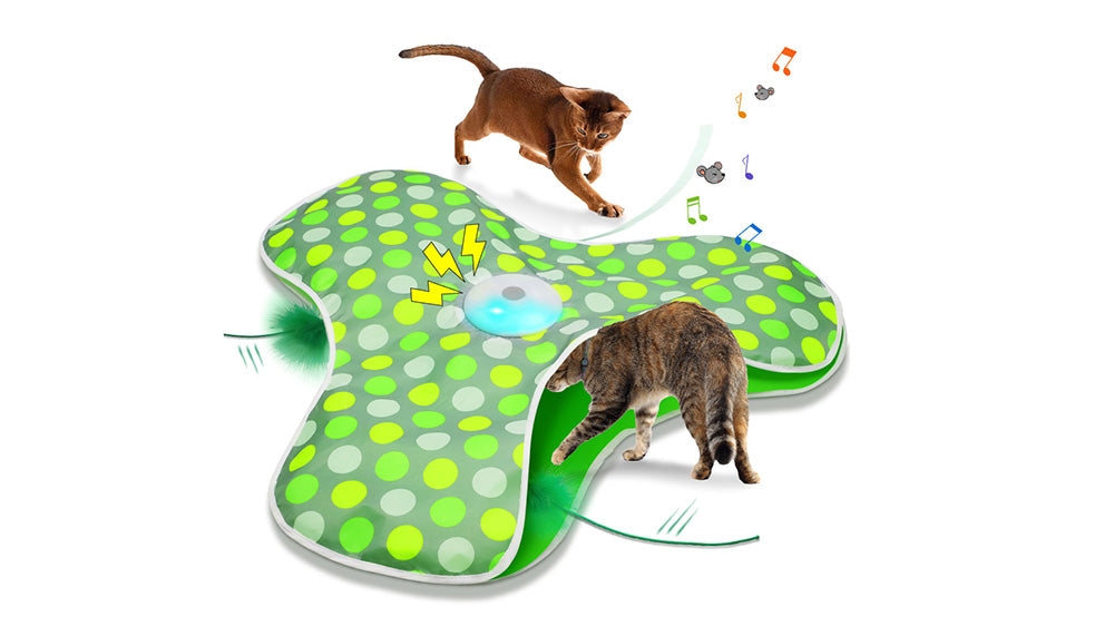 Two playful cats engage with a colorful interactive cat toy, featuring lights, sounds, and a soft, polka-dotted design.