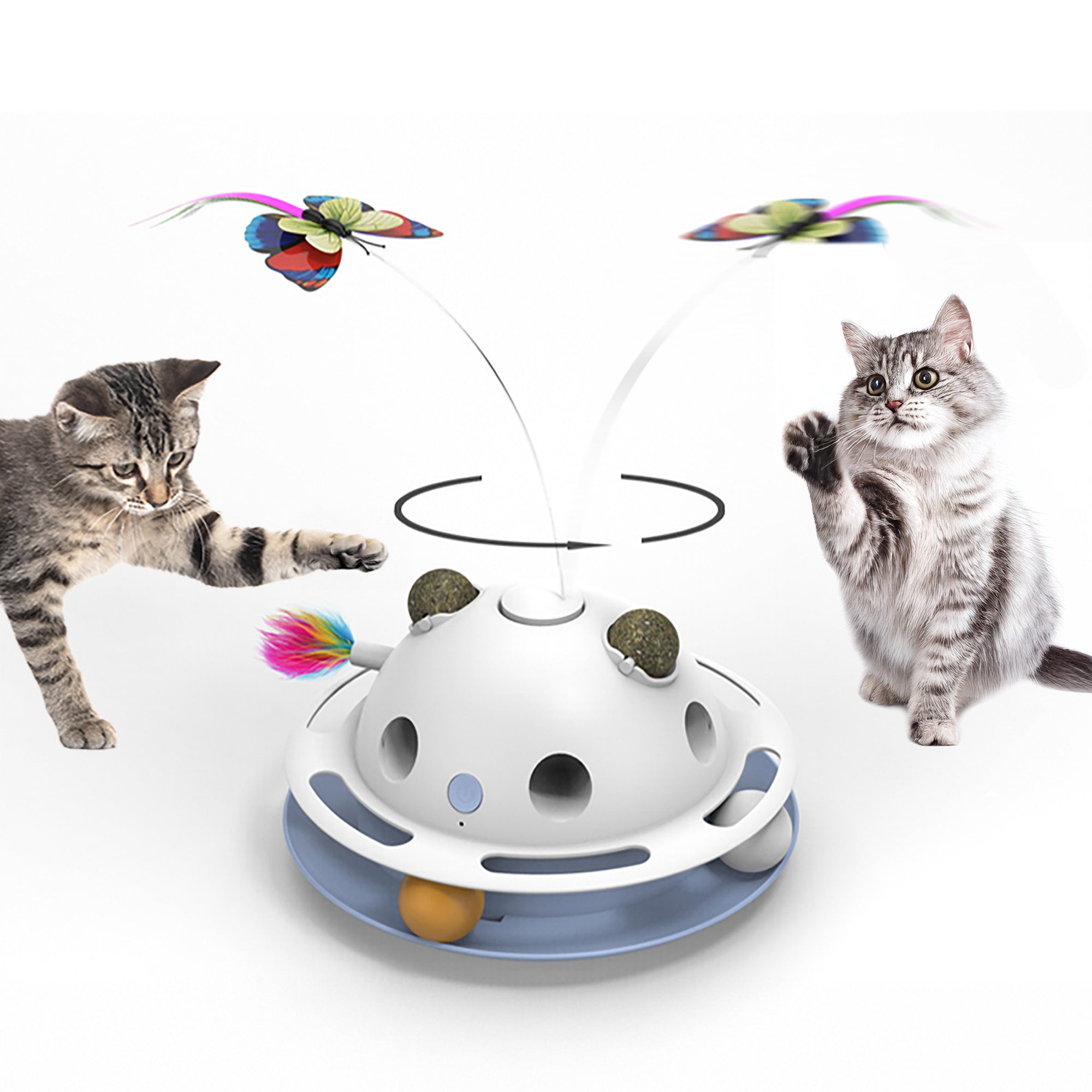 PawsPik Feather Frenzy 4-Function Interactive Cat Toy with Catnip Balls, White
