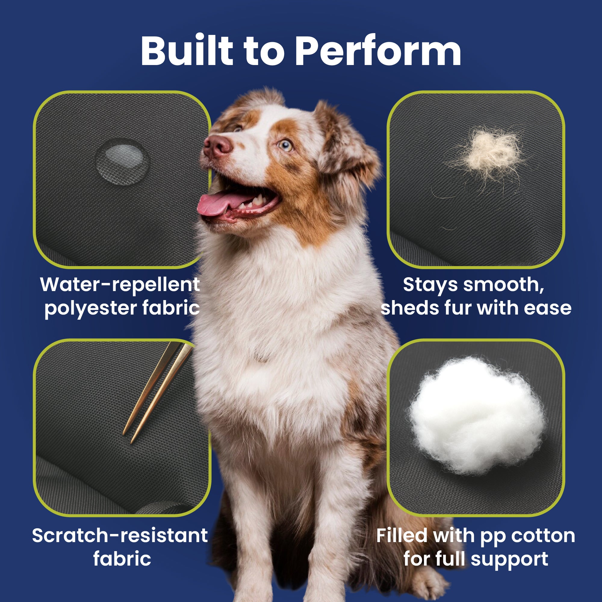 A happy dog beside features of a durable, water-repellent PawsPik Pet Bed: scratch-resistant, fur-shedding ease, and supportive pp cotton filling.
