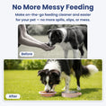 Load image into Gallery viewer, A before-and-after comparison of a dog travel bowl: messy hand feeding above, and a tidy feeding bowl setup below.