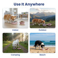 Load image into Gallery viewer, Four images of dogs eating from pink pet bowls in various settings: indoors, outdoors, camping in a forest, and at the beach.