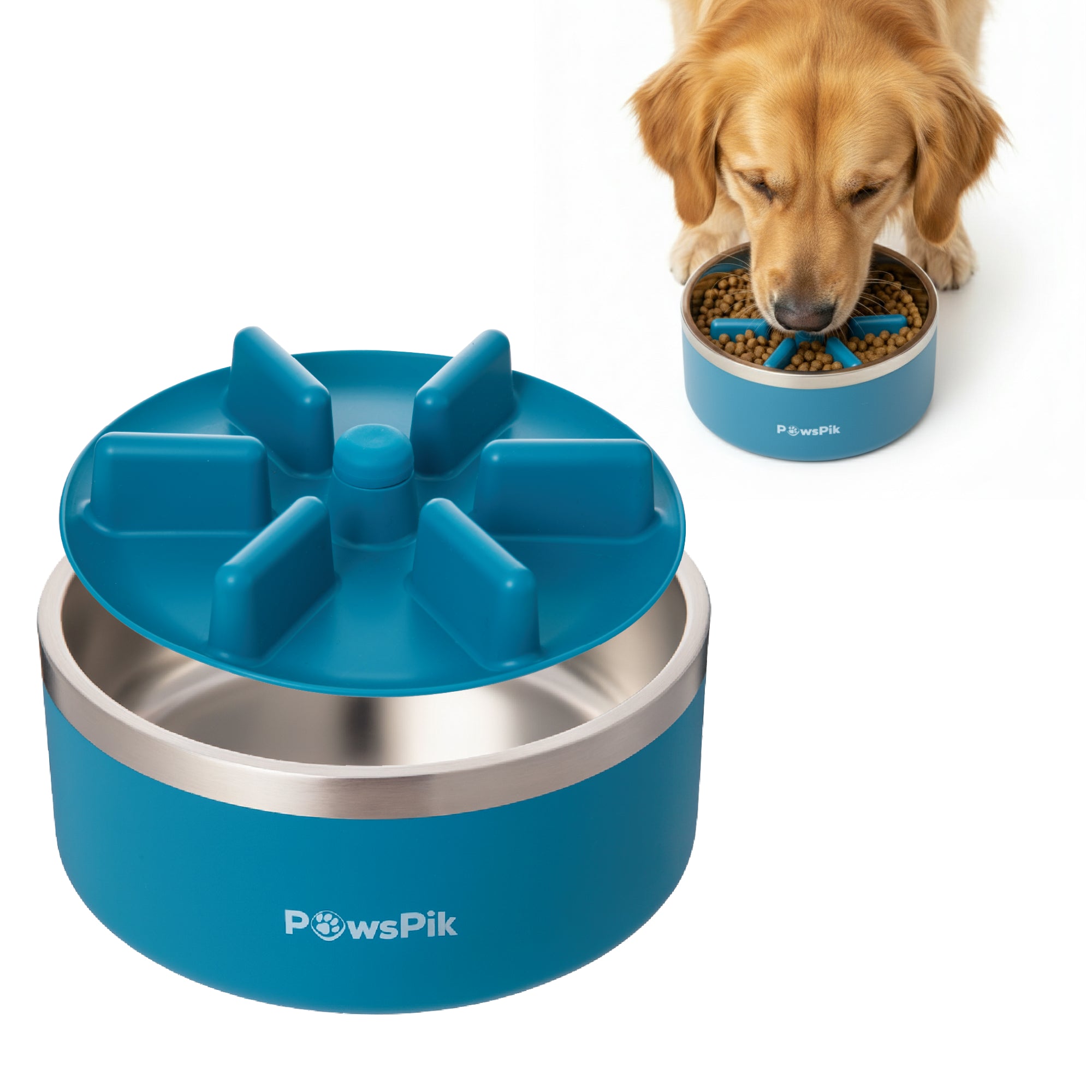 PawsPik Stainless Steel Double Wall Slow-Feed Puzzle Dog Bowl, 64 oz Midnight Summit Blue