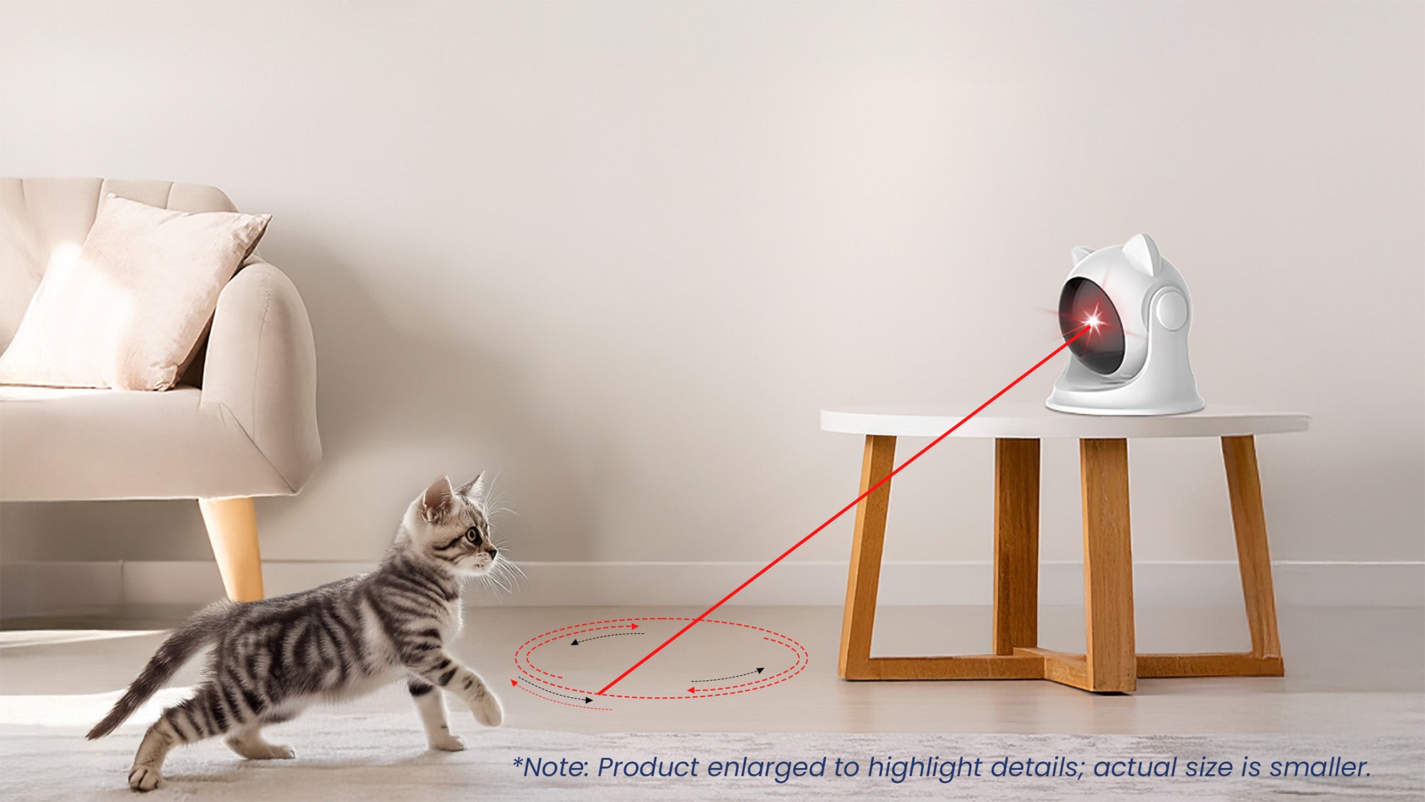 Image representing cat playing with a laser cat toy lying on a table near to the sofa.