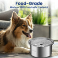 Load image into Gallery viewer, A happy dog next to a shiny stainless steel dog bowl, emphasizing its 100% food-safe material. Bright, homely setting with greenery in the background.