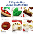 Load image into Gallery viewer, Image showcasing a playful Pizza dog toy with six toppings: cheese, basil, bacon, pepperoni, shrimp, and mushroom, each with treat slots.