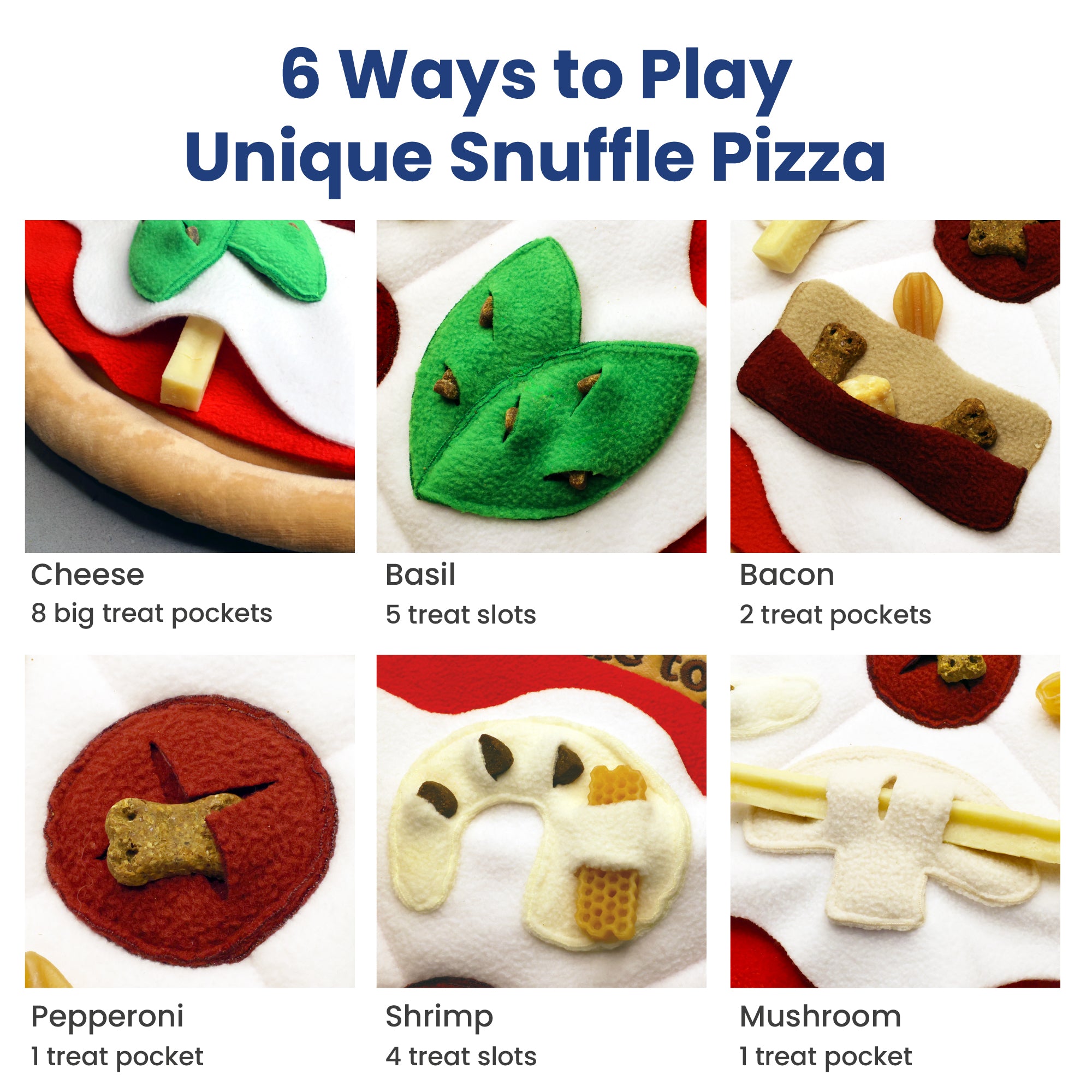 Image showcasing a playful Pizza dog toy with six toppings: cheese, basil, bacon, pepperoni, shrimp, and mushroom, each with treat slots.