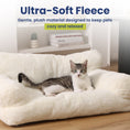 Load image into Gallery viewer, A relaxed tabby cat lounges on an ultra-soft fleece pet sofa, showcasing comfort and coziness in a warm home setting.