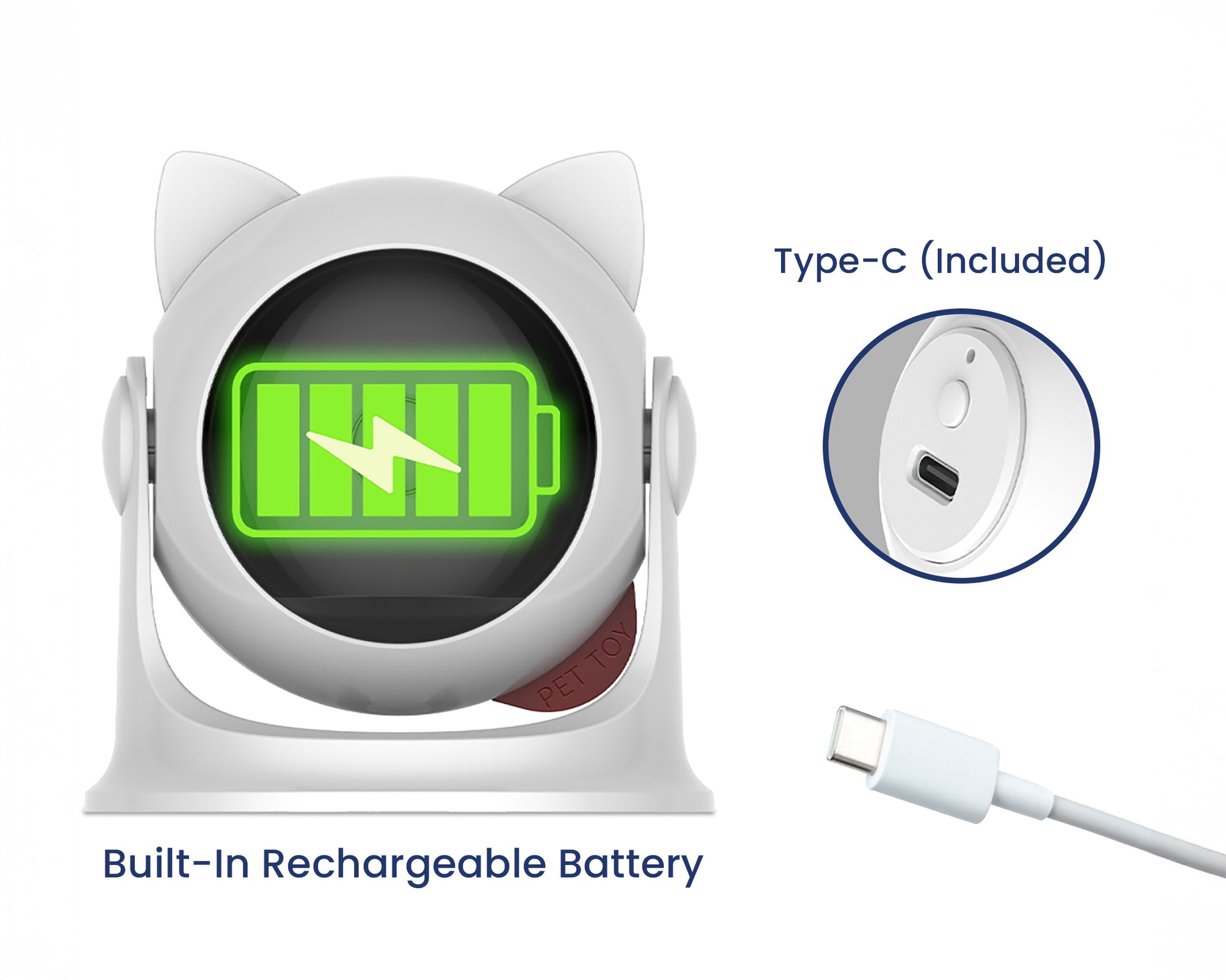 Image of a cute interactive cat toy with a green battery icon, highlighting USB charging and a built-in rechargeable battery.