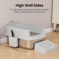 Load image into Gallery viewer, A high wall sided PawsPik kitty litter box with dimensions displayed, a scoop, and a step mat.