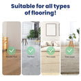 Load image into Gallery viewer, Four images showing approved flooring types: wooden, title, thin carpet, and thick carpet, each marked with a green checkmark.