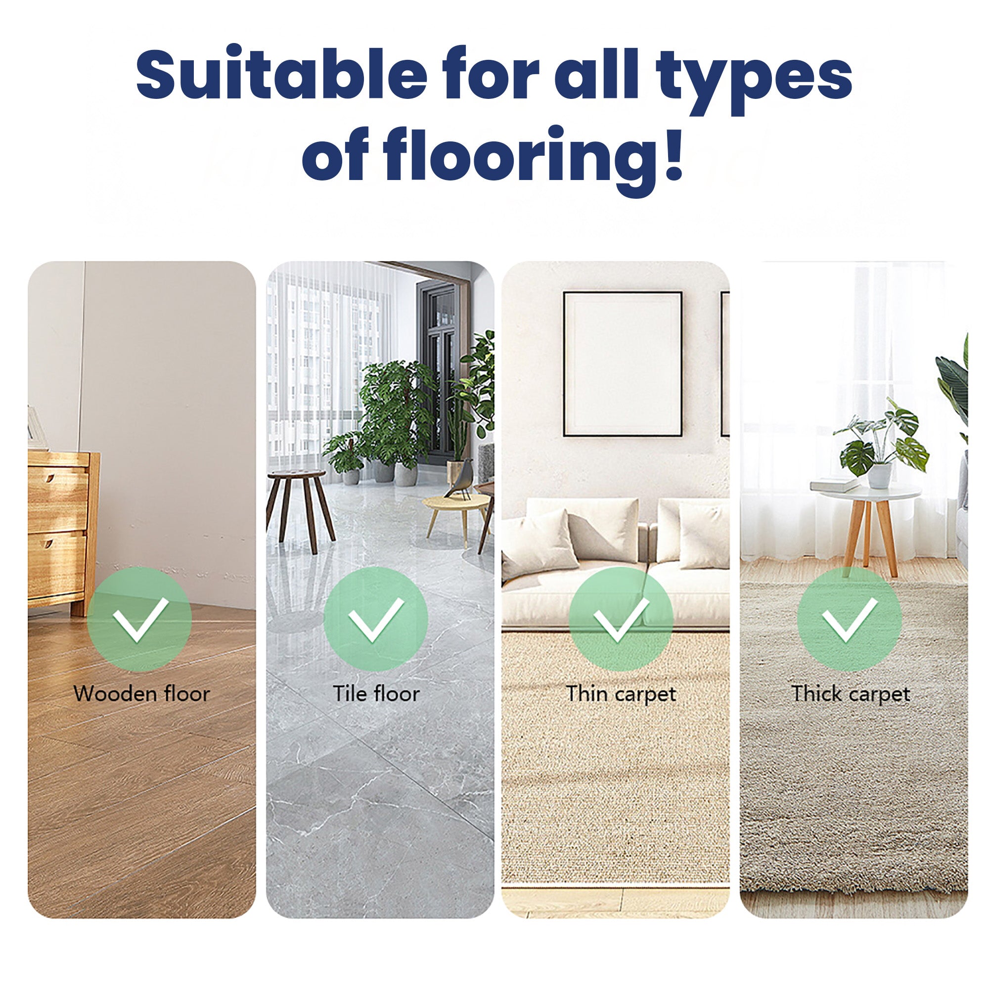 Four images showing approved flooring types: wooden, title, thin carpet, and thick carpet, each marked with a green checkmark.