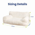 Load image into Gallery viewer, A cozy white dog sofa bed with dimensions: 28 inches wide, 12 inches tall, and 19 inches deep, shown with sizing details.