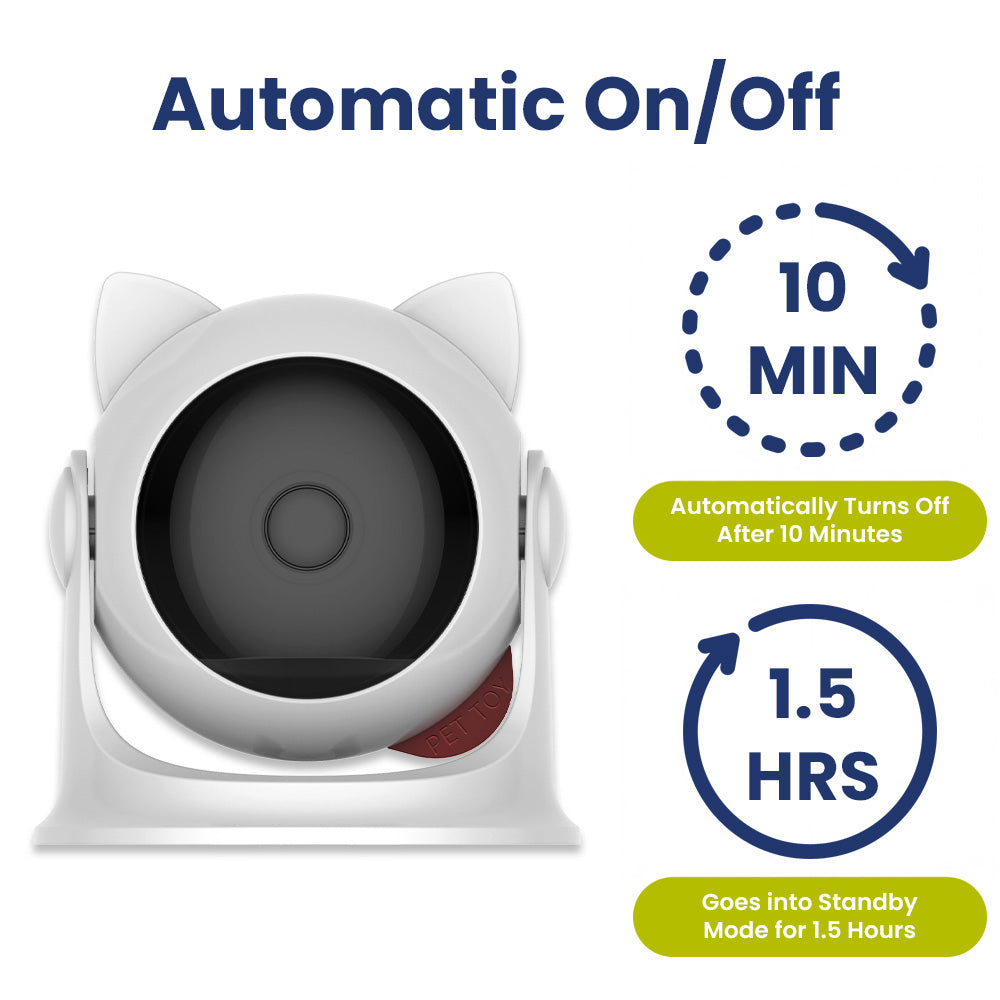 A cute automatic cat toy with cat ears, featuring an on/off timer for 10 minutes and a standby mode for 1.5 hours.
