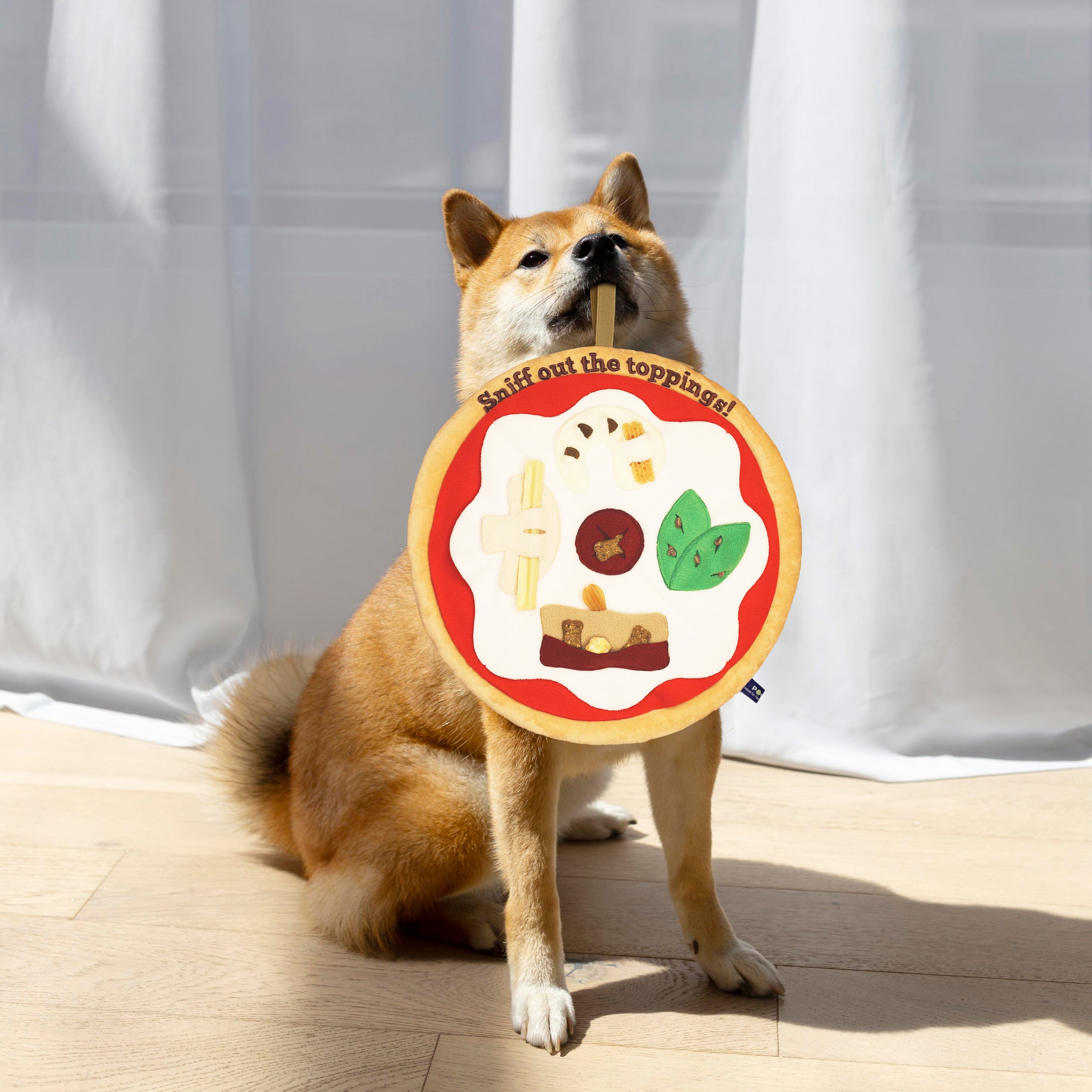 A Shiba Inu holds a dog plush toy labeled "Sniff out the toppings!" with various toppings illustrated on it.