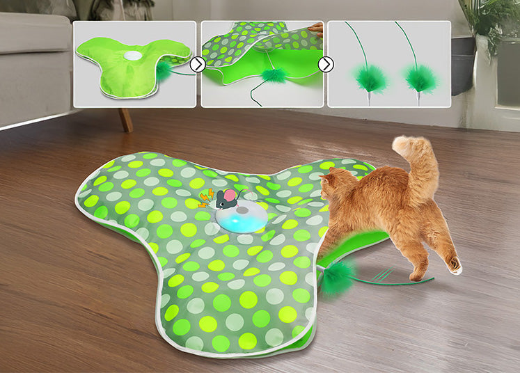 An orange cat playing with a vibrant green, polka-dotted kitten toy.
