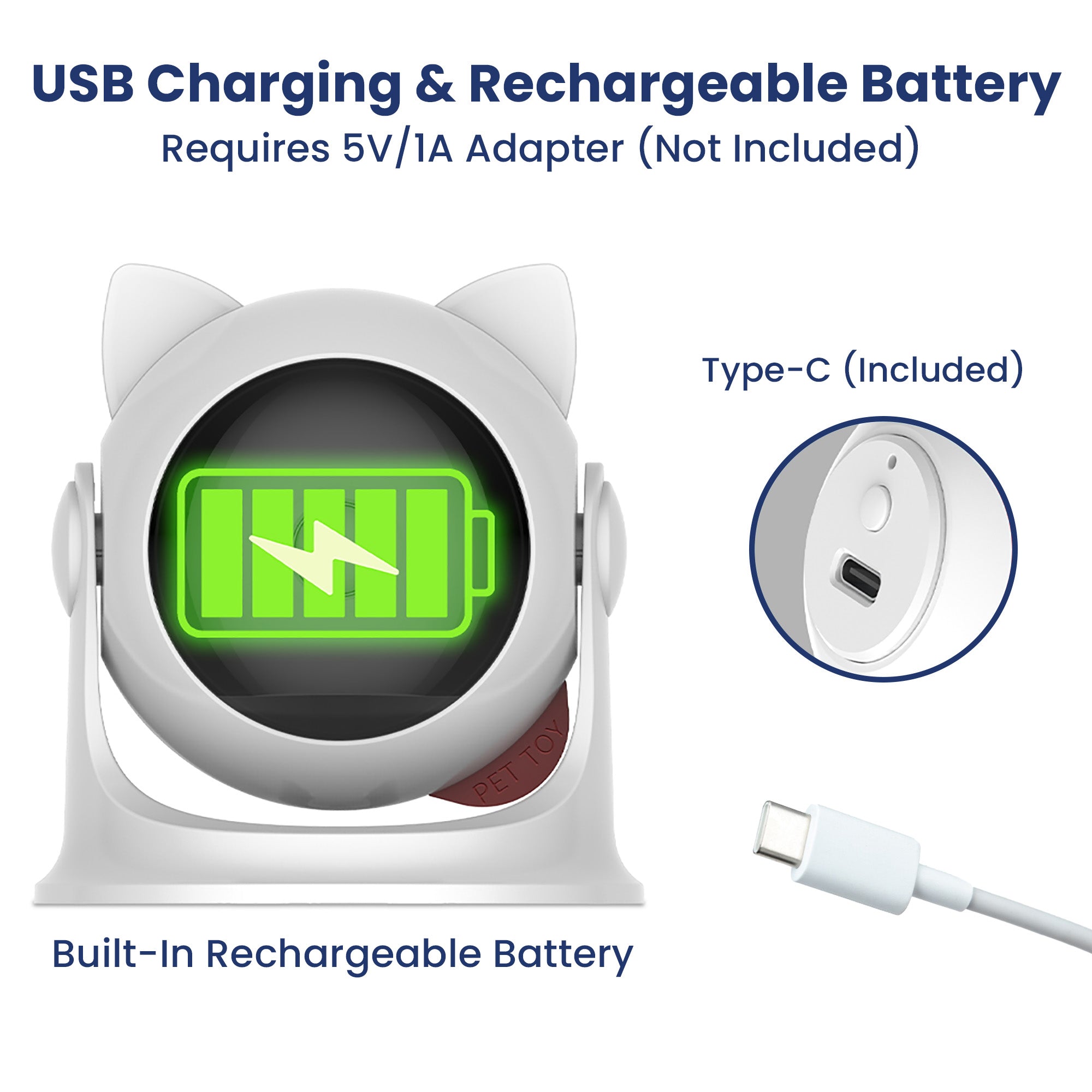 Image of a cute interactive cat toy with a green battery icon, highlighting USB charging and a built-in rechargeable battery.