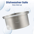 Load image into Gallery viewer, A stainless steel dog bowl on a light blue background with bubbles, highlighting its dishwasher-safe feature for easy cleaning.