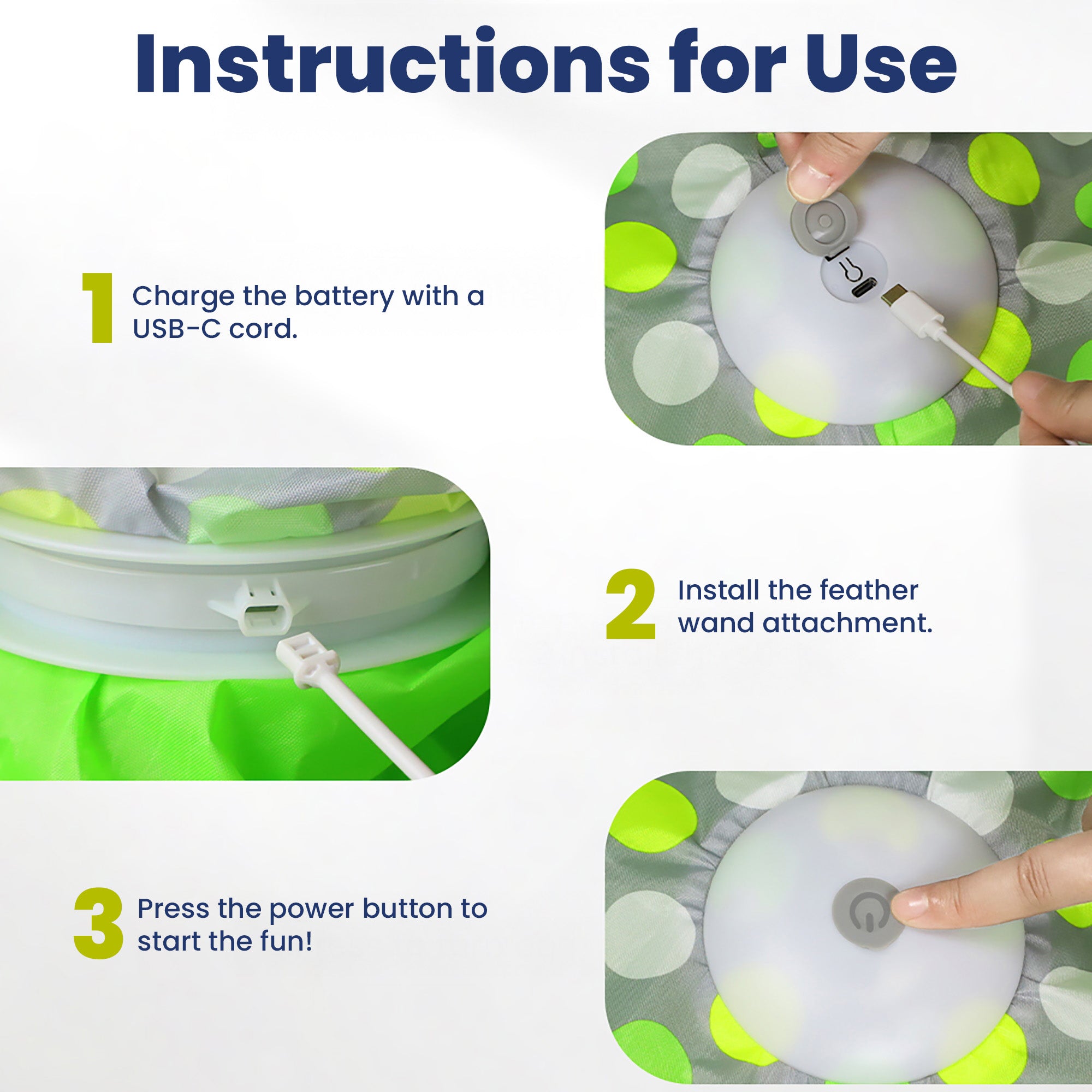 Three-step guide to activate PawsPik Interactive Cat Toy: 1. Connect the charger. 2. Press the power button. 3. Confirm operation readiness.