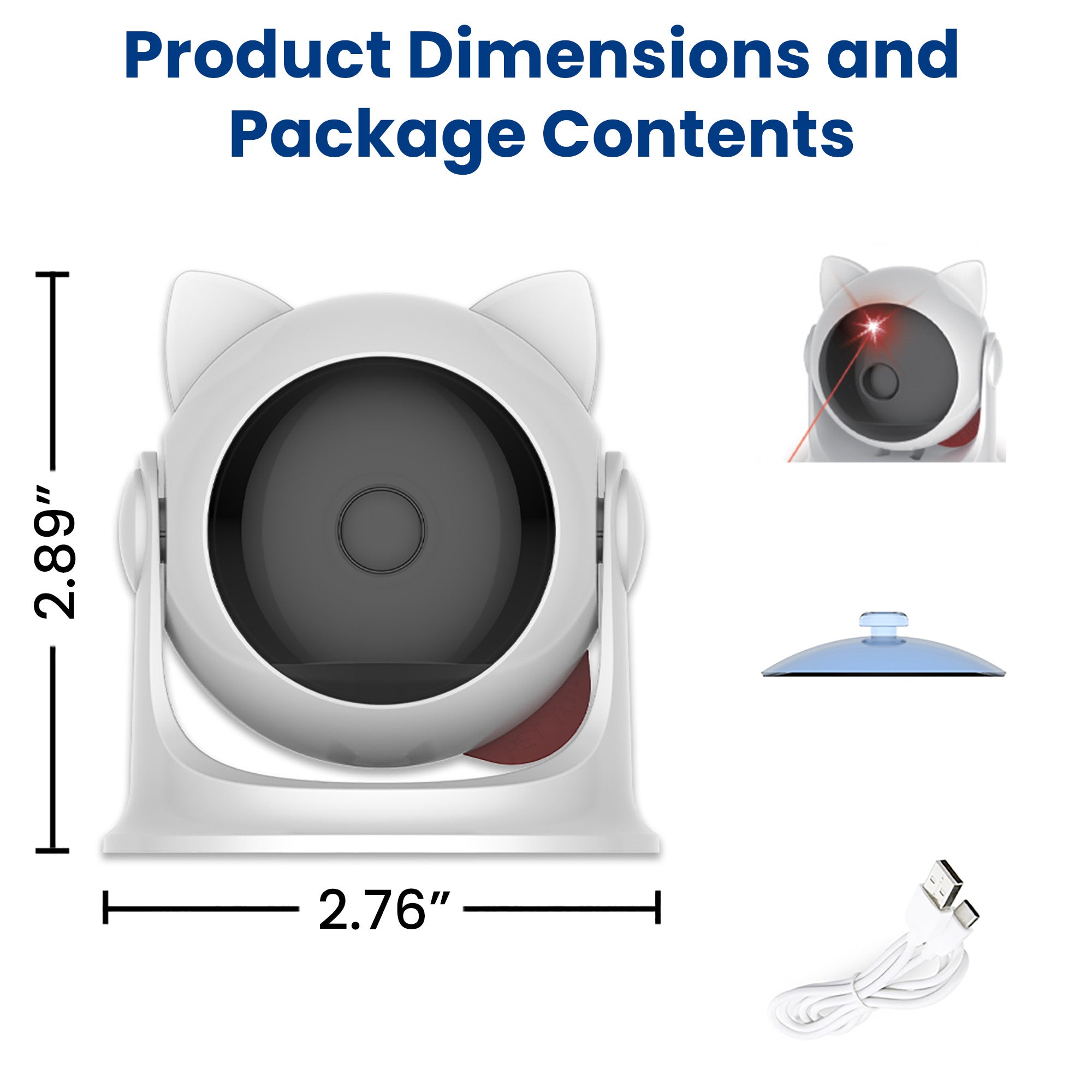 Dimensions and contents of an interactive cat toy, including a charging cable and a suction cup, shown from above with measurements.