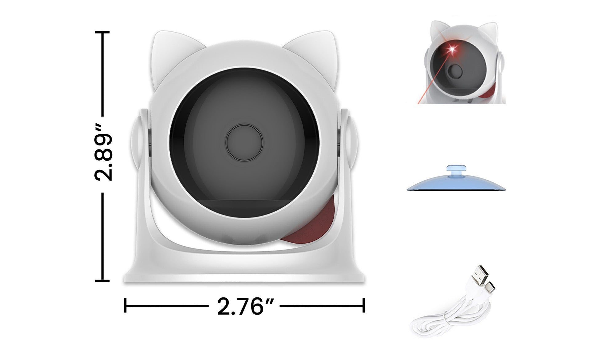 Dimensions and contents of an interactive cat toy, including a charging cable and a suction cup, shown from above with measurements.