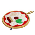 Load image into Gallery viewer, A plush dog toy with felt toppings including mushrooms, bacon, green leaves, and red sauce, featuring the text "Sniff out the toppings!"