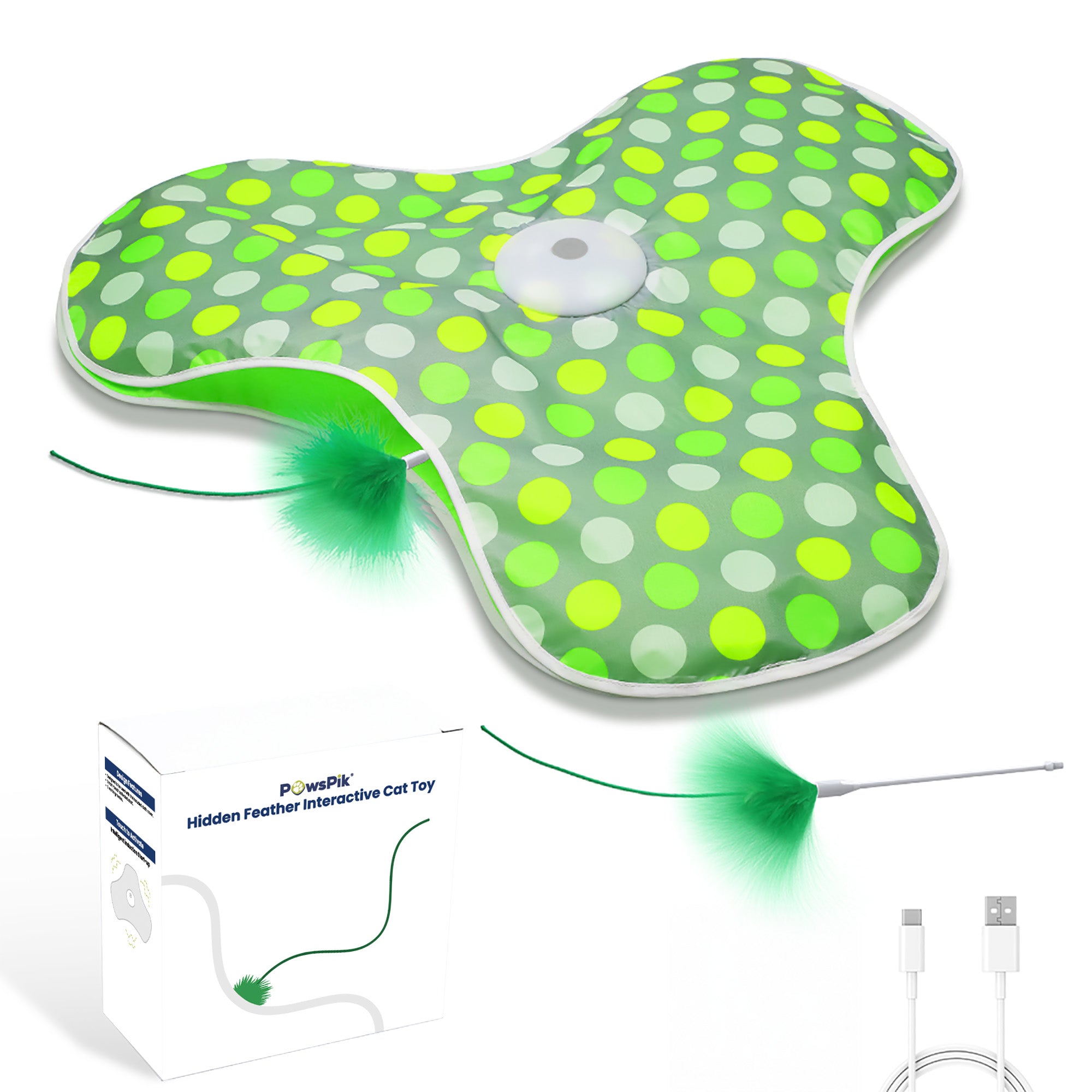 Interactive cat toy featuring a green polka dot cushion, a feather attachment, and USB charging cable, designed for feline fun.