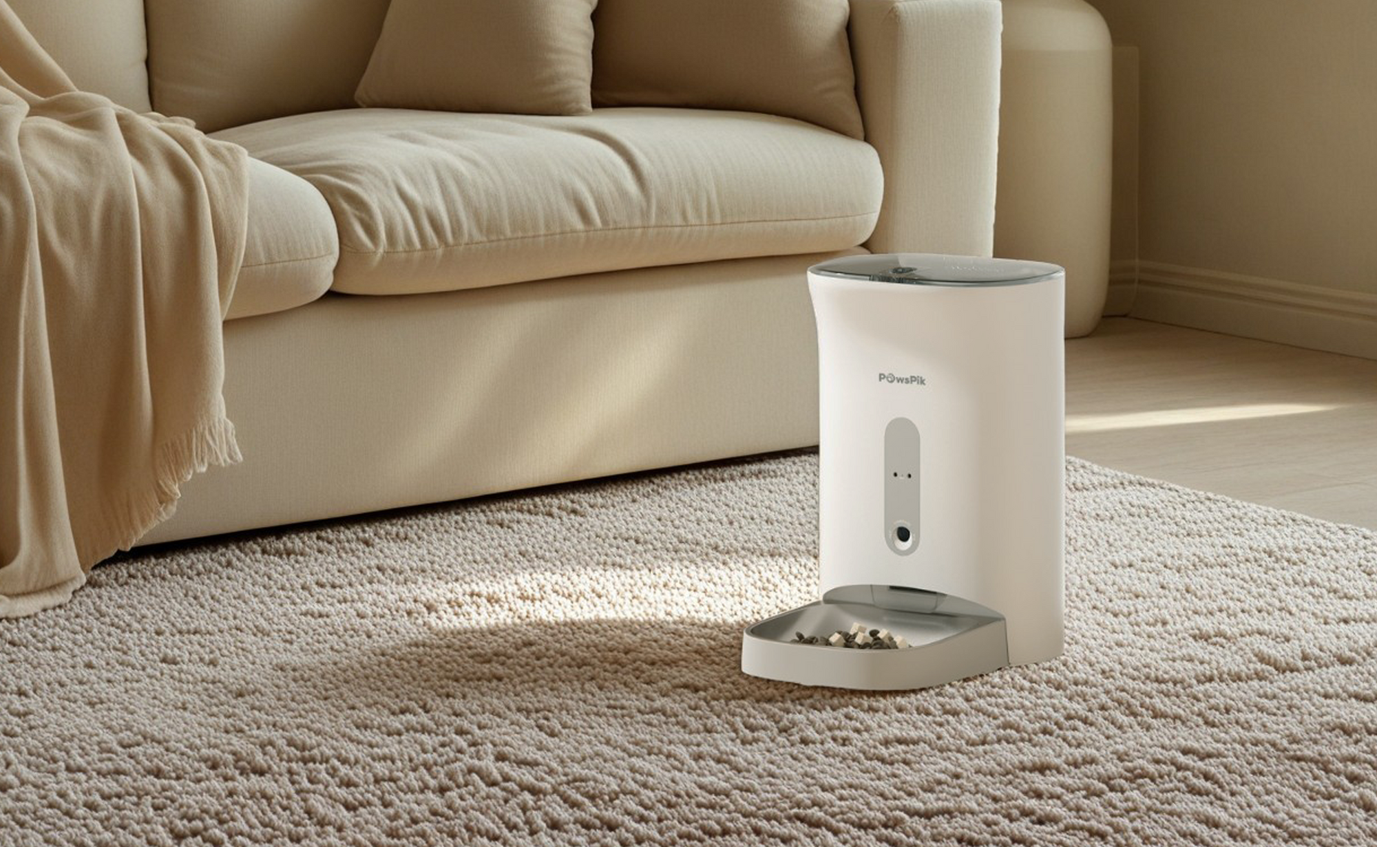 : A modern automatic pet feeder in a cozy living room with a beige sofa and a soft rug, designed for stylish feeding convenience.