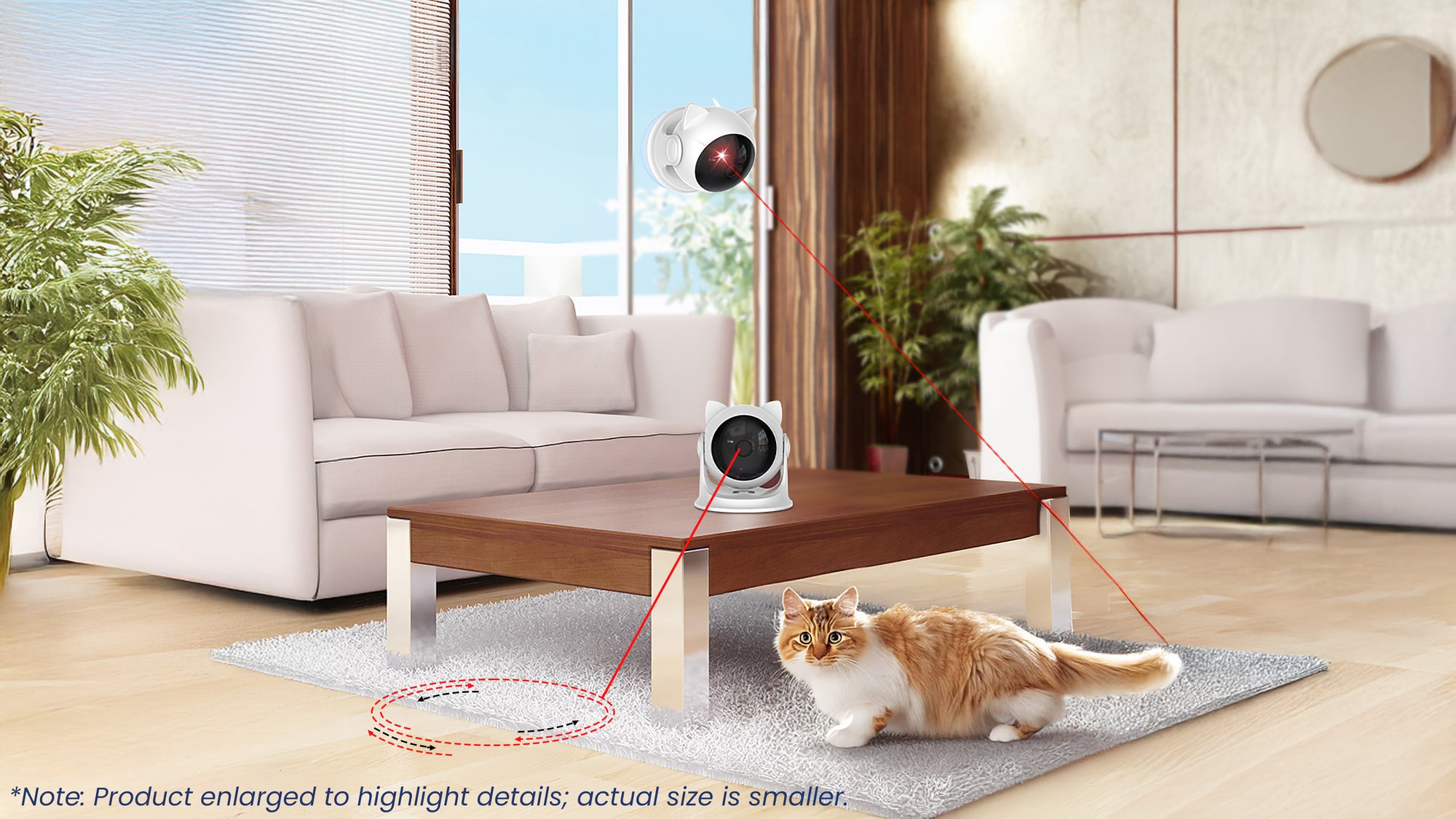 A playful orange cat sits on a soft rug while a laser cat toy projects a red dot onto the floor in a stylish, sunny living room.