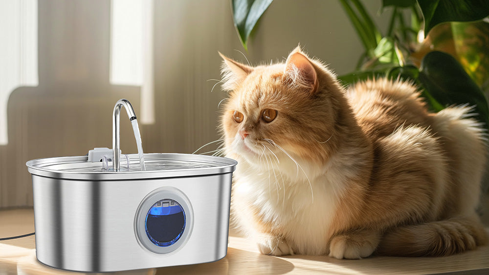 An orange cat beside a running cat water fountain in a sunlit room.