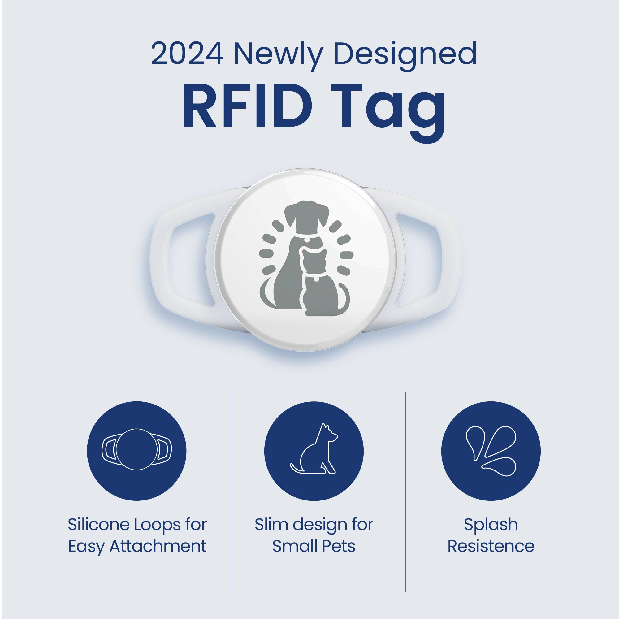 2024 RFID white tag for PawsPik Auto Dog Feeders featuring a slim design, silicone loops for easy attachment, and splash resistance.