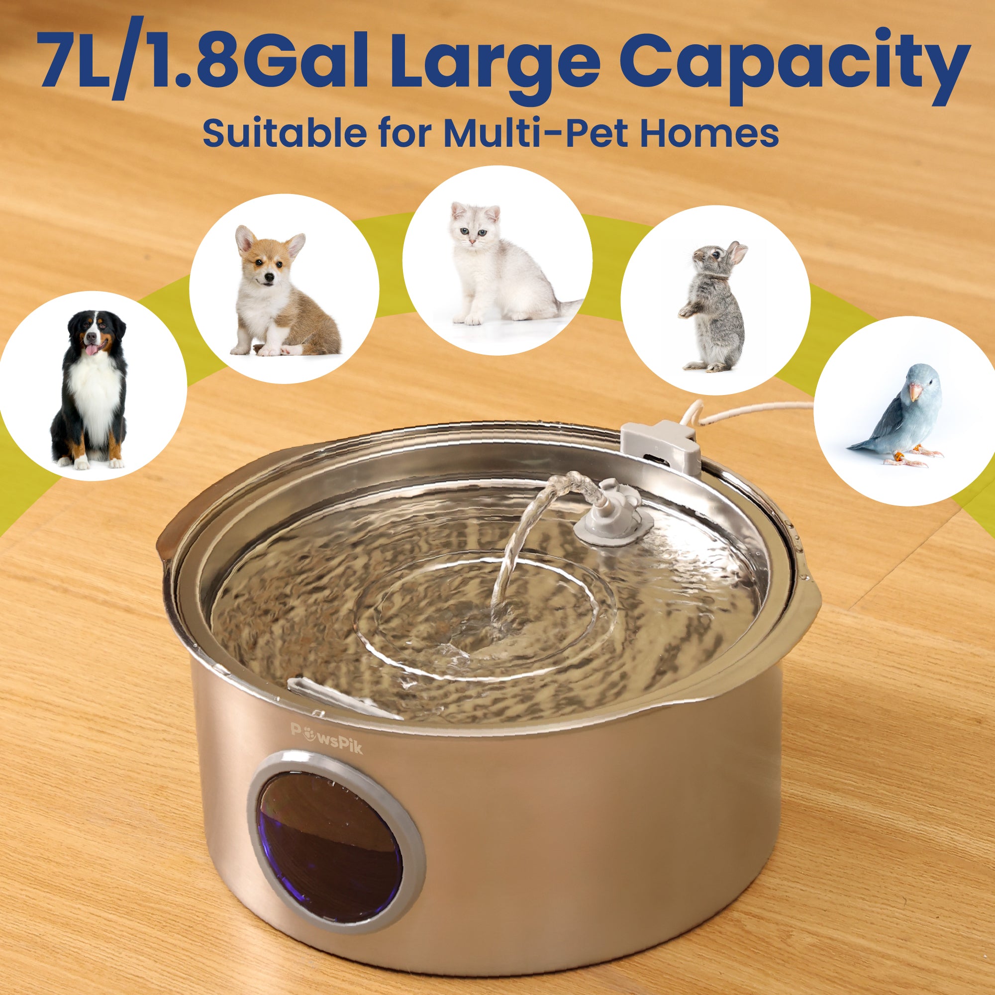 A stainless steel Dog Waterer with flowing water, surrounded by images of a dog, cat, rabbit, and birds, suitable for multiple pets.
