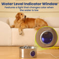 Load image into Gallery viewer, A golden retriever lies beside PawsPik Pet Water Fountain with a light indicator, showing low water levels through a circular window.