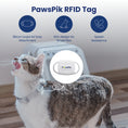 Load image into Gallery viewer, A cat wearing a PawsPik RFID Pet Feeder tag on its collar, featuring elements highlighting easy attachment, slim design, and splash resistance.