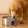 Load image into Gallery viewer, A golden retriever drinking from PawsPik stainless steel dog water fountain labeled "1.8 GAL," with water flowing gently.