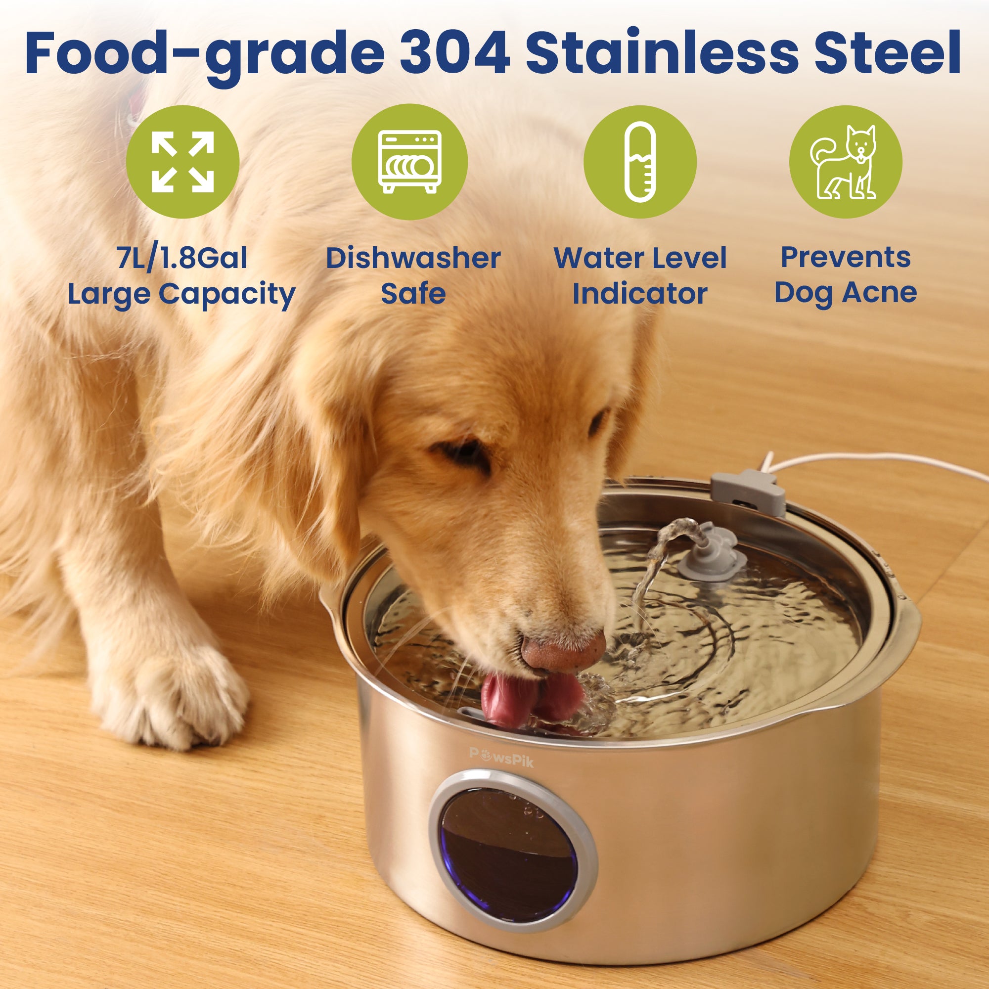 Golden retriever drinking from a stainless steel Dog Water Dispenser with a large capacity, features a water level indicator, and is dishwasher safe.