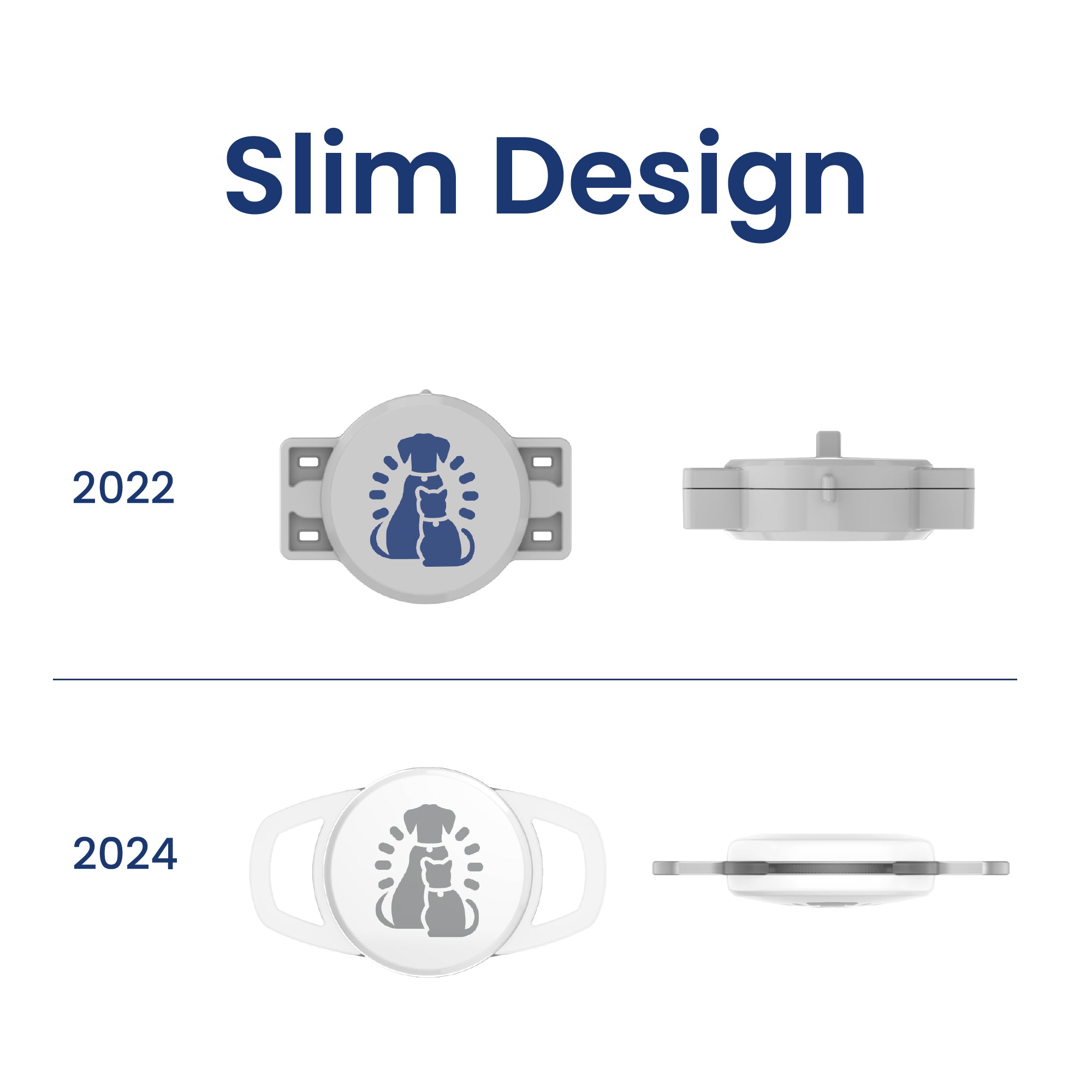 Comparison of PawsPik Portionpro Pet Feeder White Tags from 2022 and 2024, highlighting a slimmer design with subtle color and shape changes.