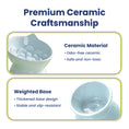 Load image into Gallery viewer, A ceramic slow feed cat bowl with a weighted base highlighting features: odor-free material, safety, stability, and slip resistance.