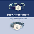 Load image into Gallery viewer, Two PawsPik Pet Feeder Tag attachments displayed, showcasing easy attachment and snug fit for any collar size, with a dog and cat logo.